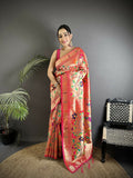 Reddish Pink Soft Silk Paithani saree with classic peacock and floral designs