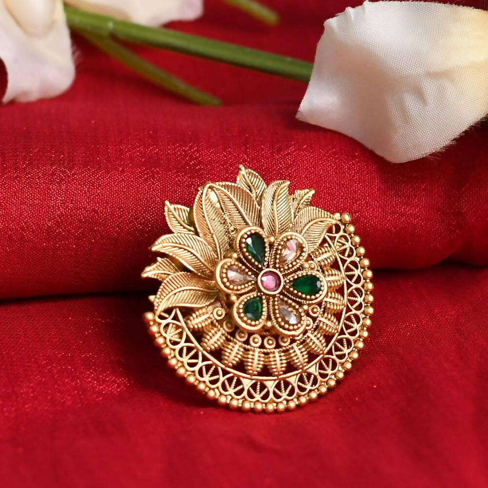 Elegant gold-polished Joharkamal stone-studded ring with an adjustable band design