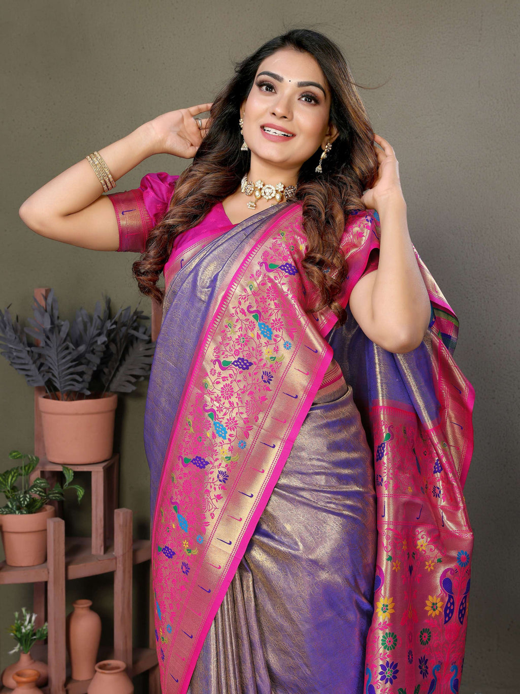 Purple Tissue Silk Paithani Woven Saree with Zari Details