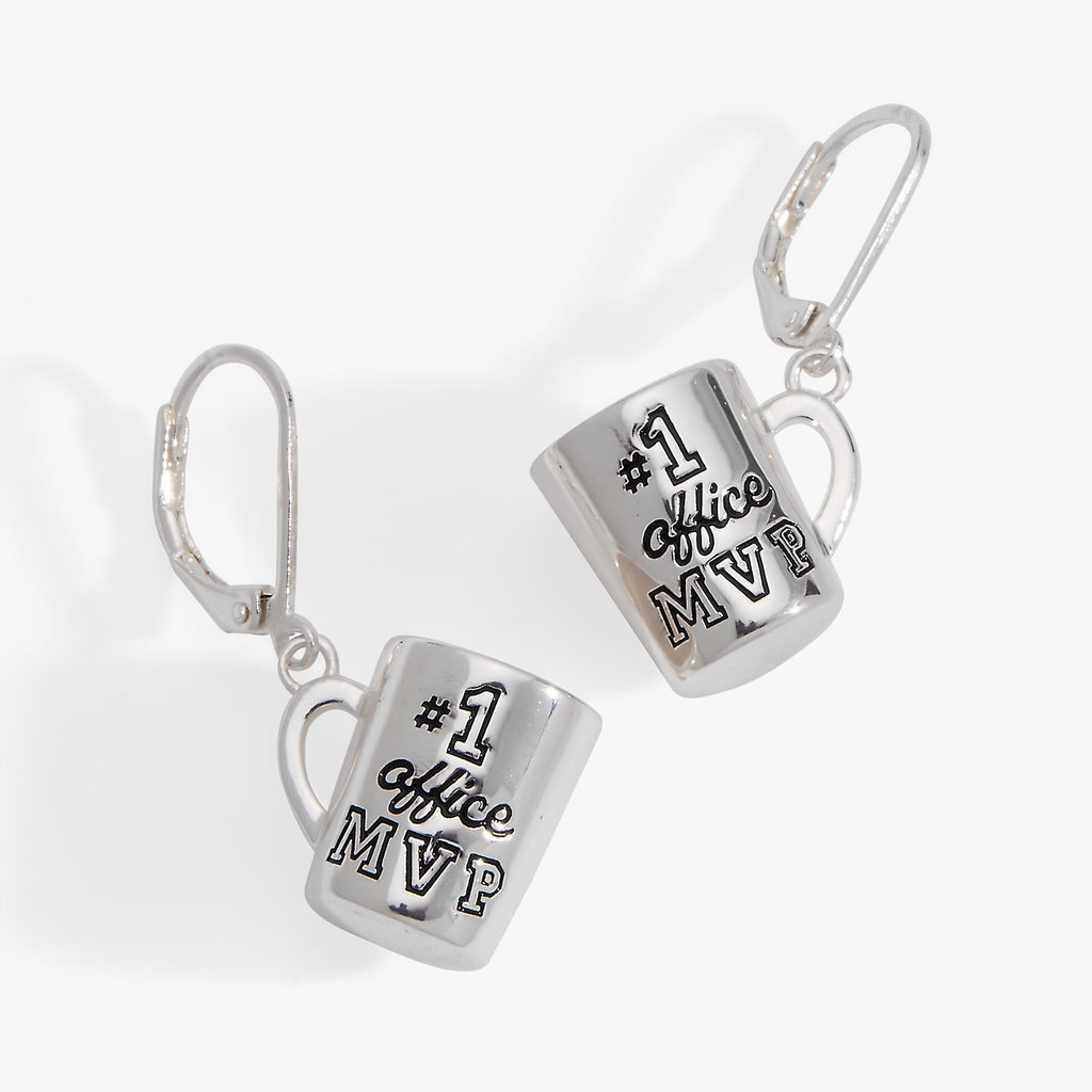 Silver-plated 3D coffee mug earrings engraved with #1 Office MVP featuring a lever-back closure.