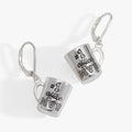 Silver-plated 3D coffee mug earrings engraved with #1 Office MVP featuring a lever-back closure.