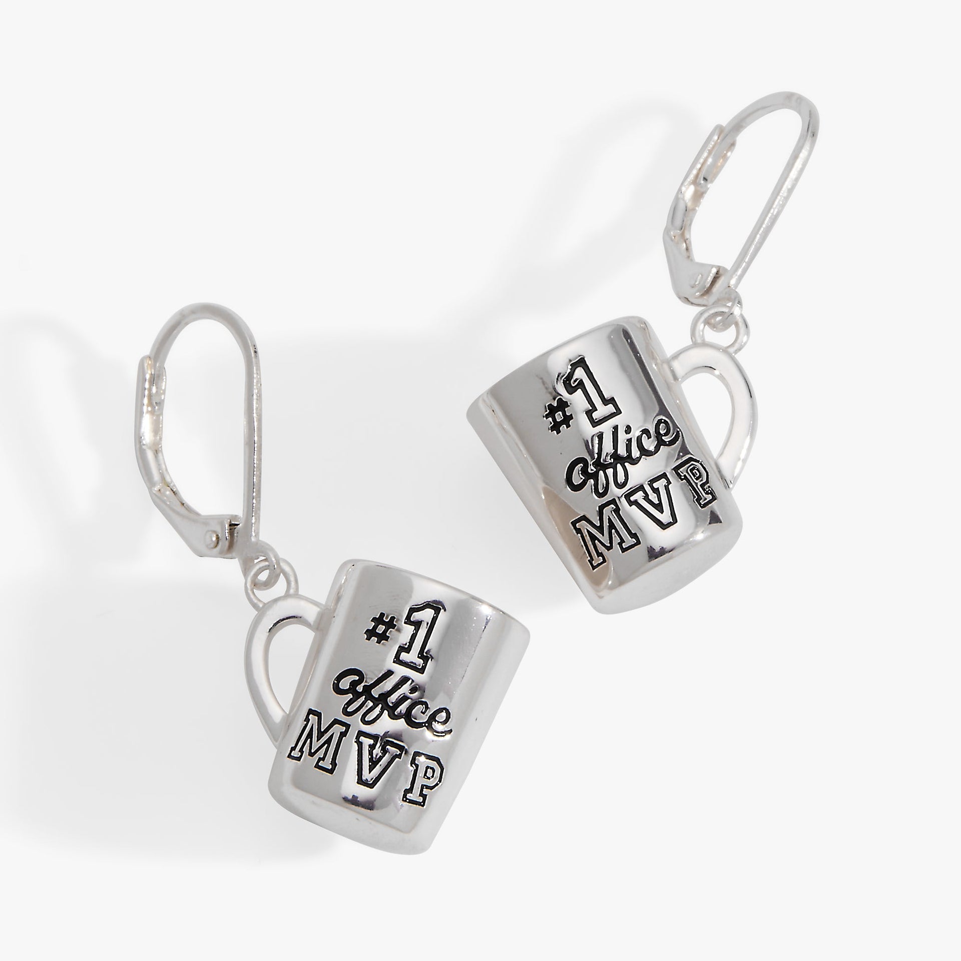 Silver-plated 3D coffee mug earrings engraved with #1 Office MVP featuring a lever-back closure.