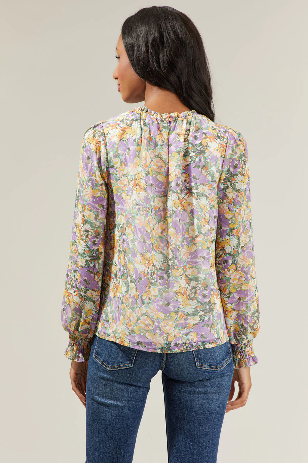 Liane Floral Long Sleeve Poet Blouse with Smocked Cuffs
