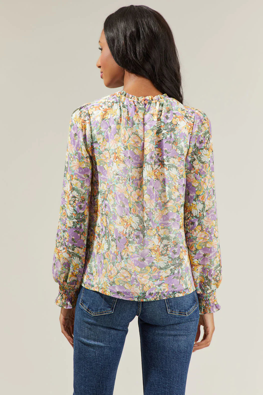 Liane Floral Long Sleeve Poet Blouse with Smocked Cuffs