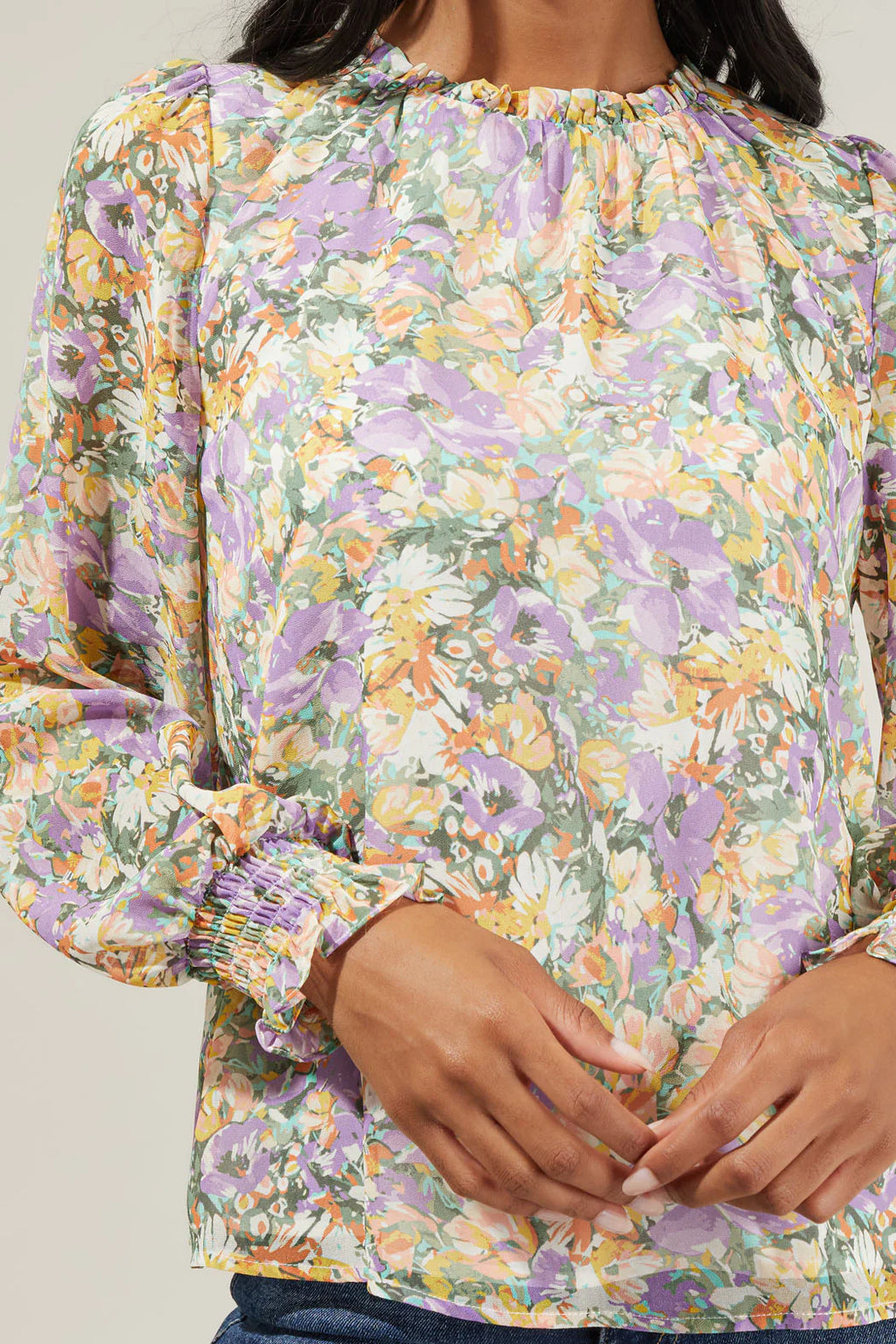 Liane Floral Long Sleeve Poet Blouse with Smocked Cuffs