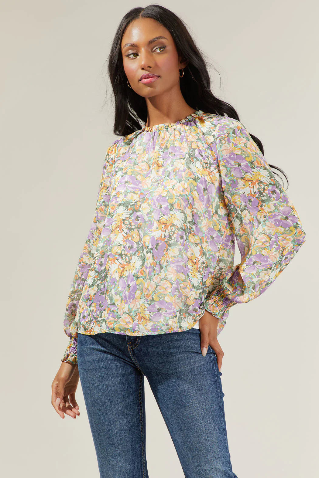 Liane Floral Long Sleeve Poet Blouse with Smocked Cuffs