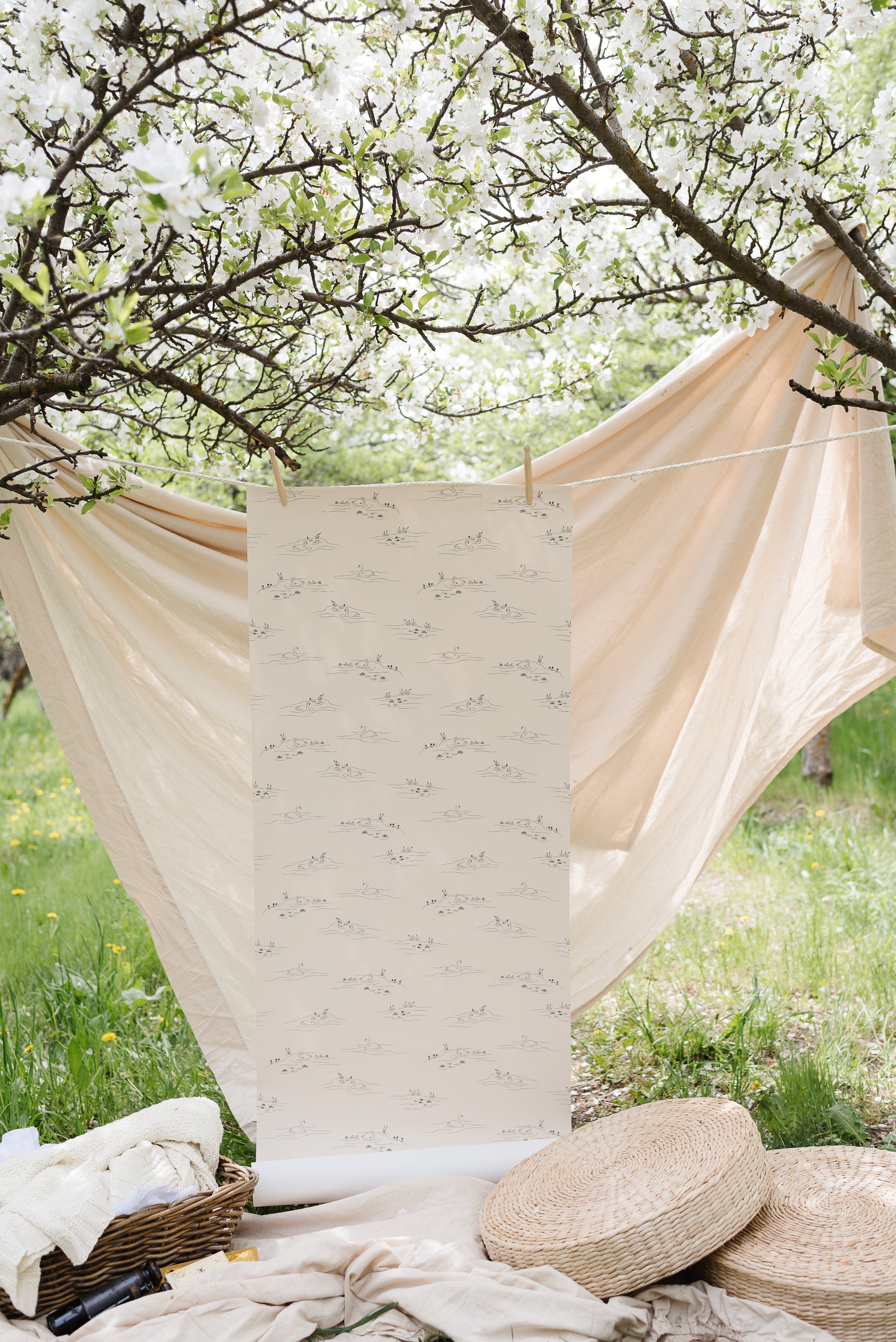 Pemberley Vintage Coastal Removable Wallpaper - Cream & Navy-Blue