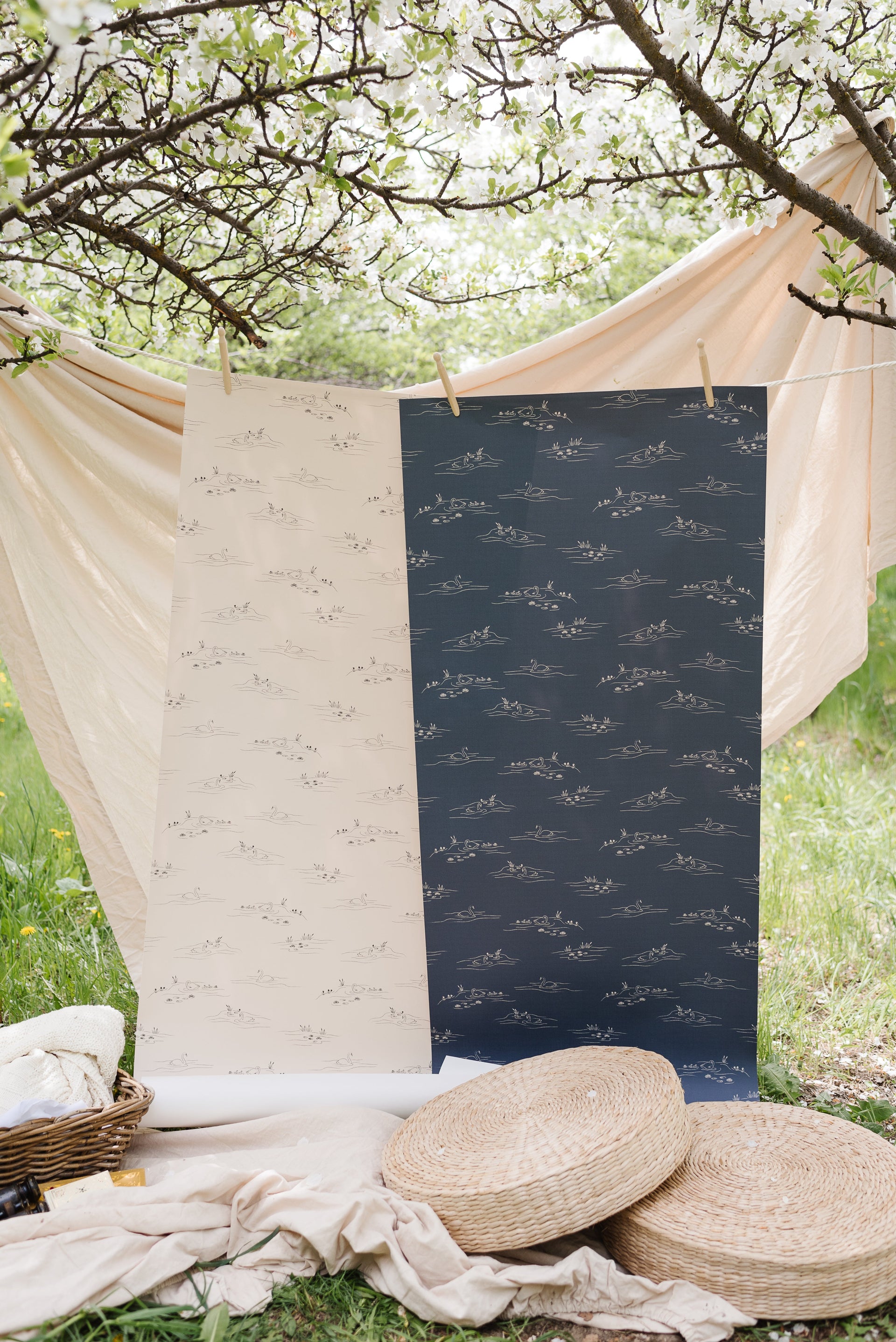 Pemberley Vintage Coastal Removable Wallpaper - Cream & Navy-Blue