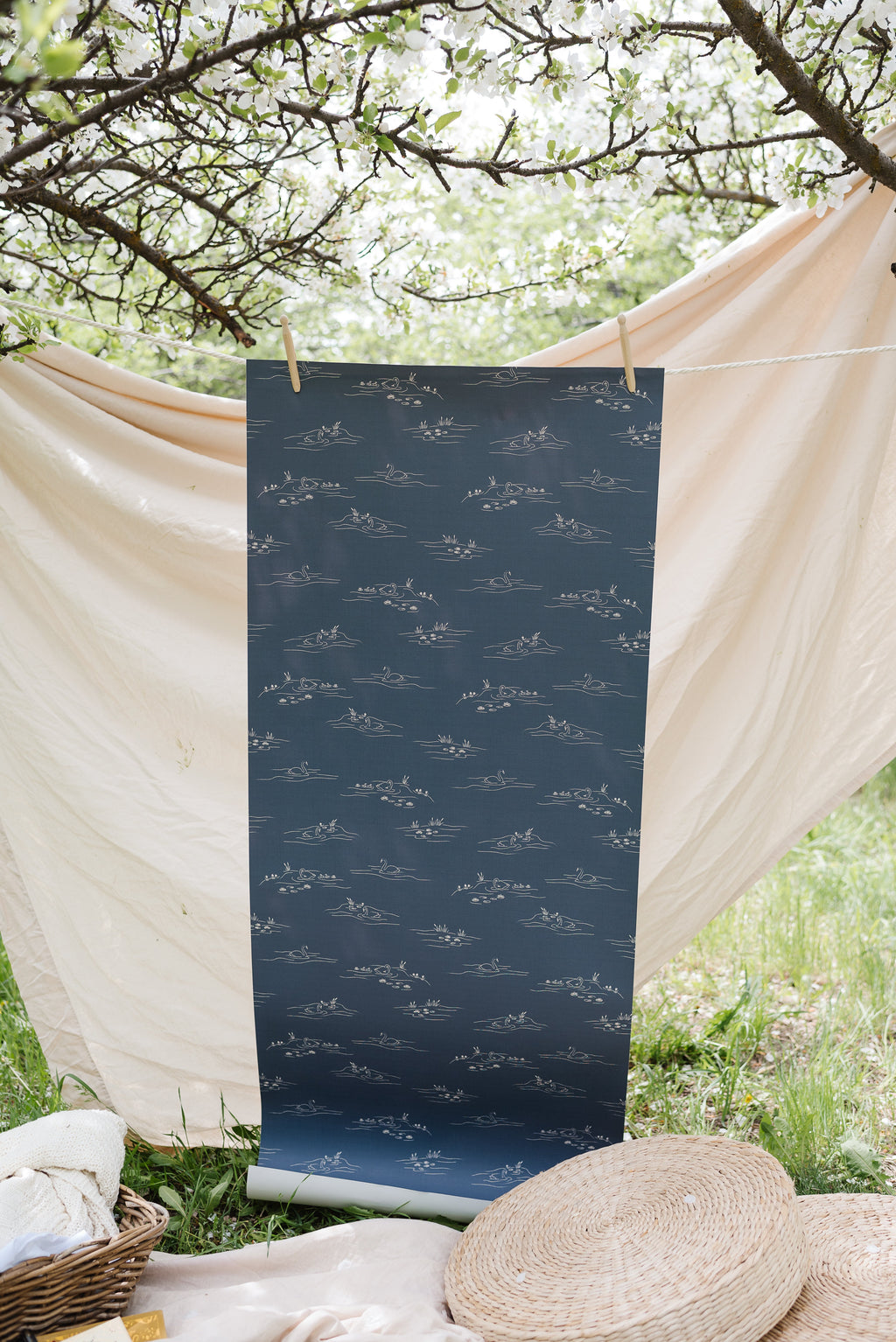 Pemberley Vintage Coastal Removable Wallpaper - Cream & Navy-Blue