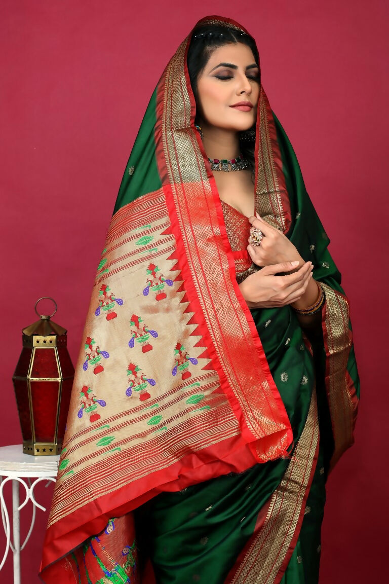 Bottle Green Paithani Silk Saree with Contrasting Red Blouse