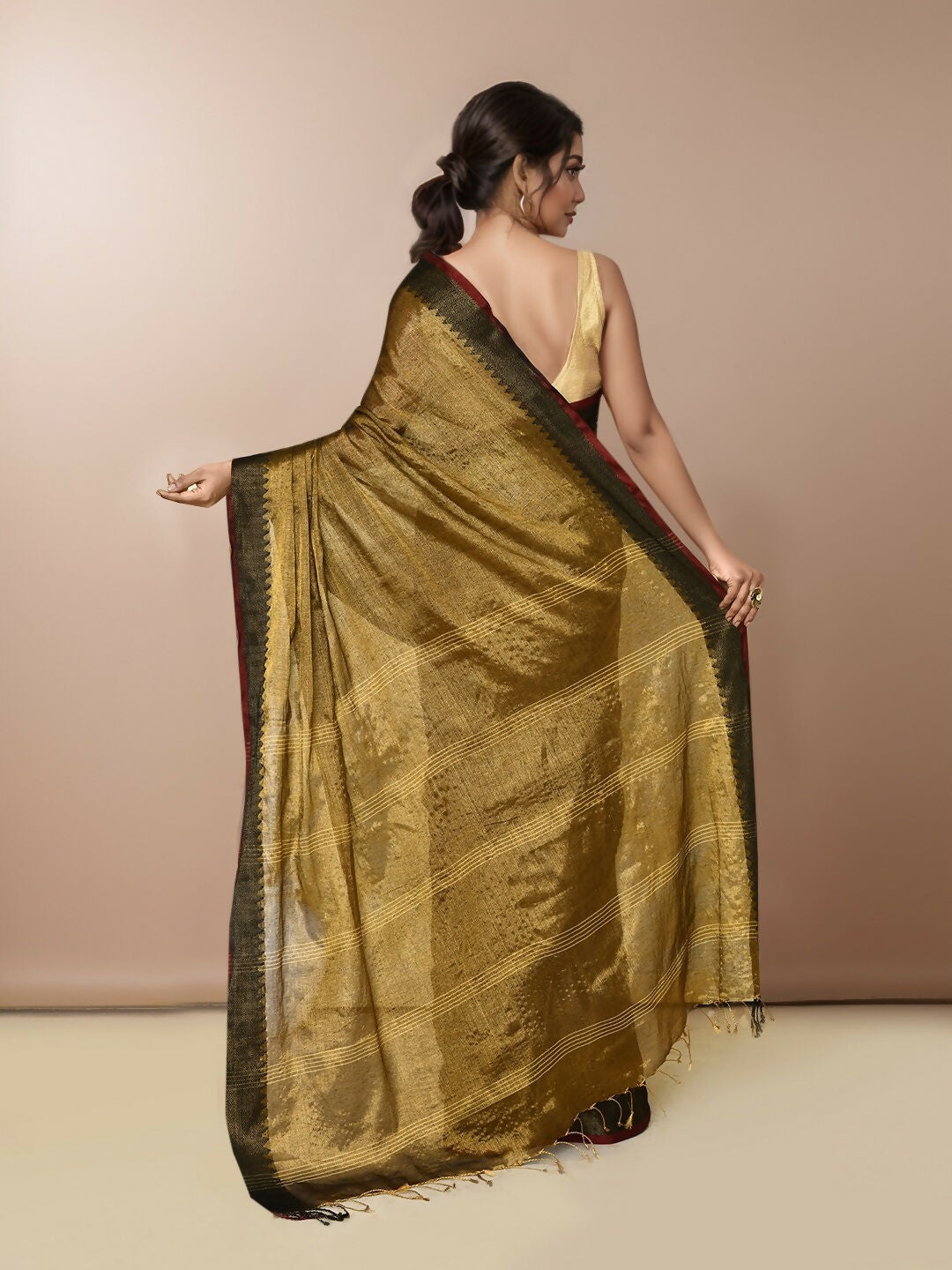 Elegant GoldBlack Tissue Cotton Saree for Formal Occasions