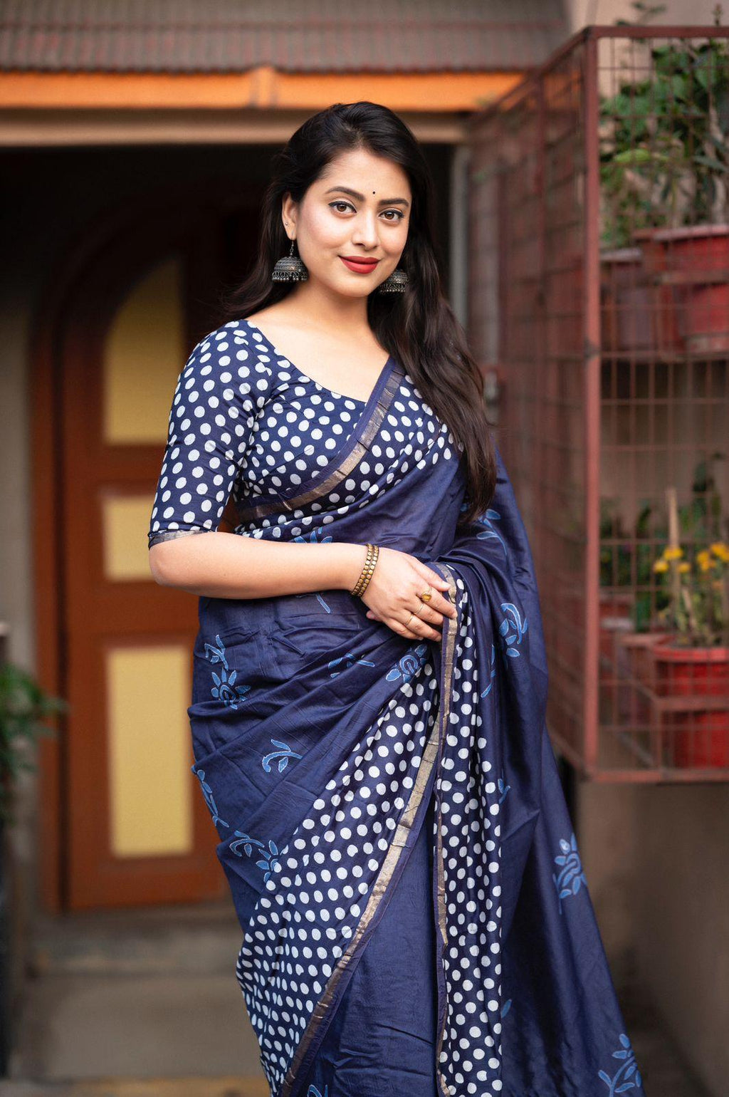 Blue Pure Chanderi Cotton Saree with Hand Block Prints