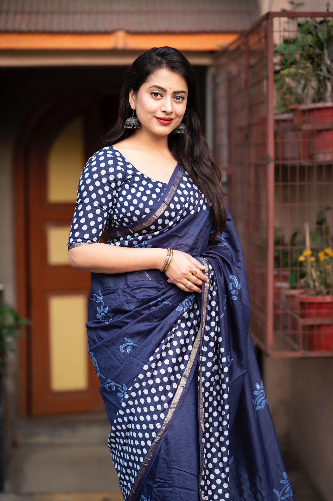 Blue Pure Chanderi Cotton Saree with Hand Block Prints