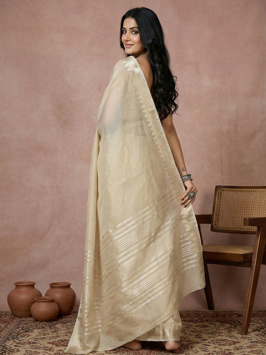 Elegant Cream Cotton Saree with Matching Blouse Set