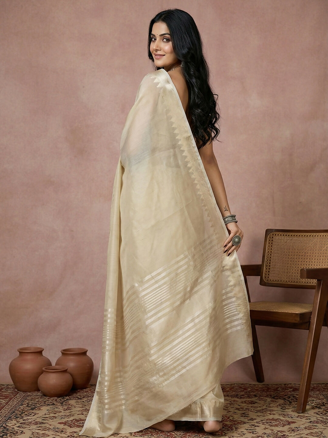 Elegant Cream Cotton Saree with Matching Blouse Set