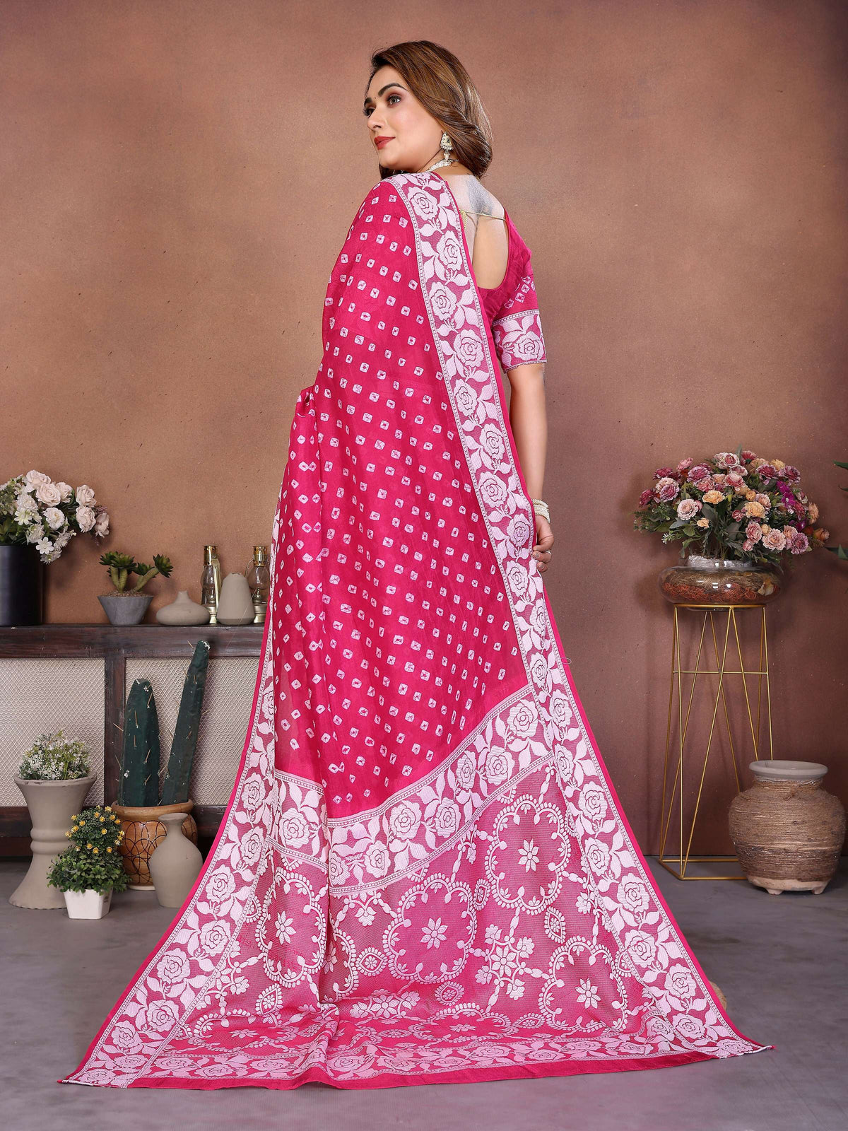 Pink Viscose Silk Saree with Handmade Original Bandhej Work