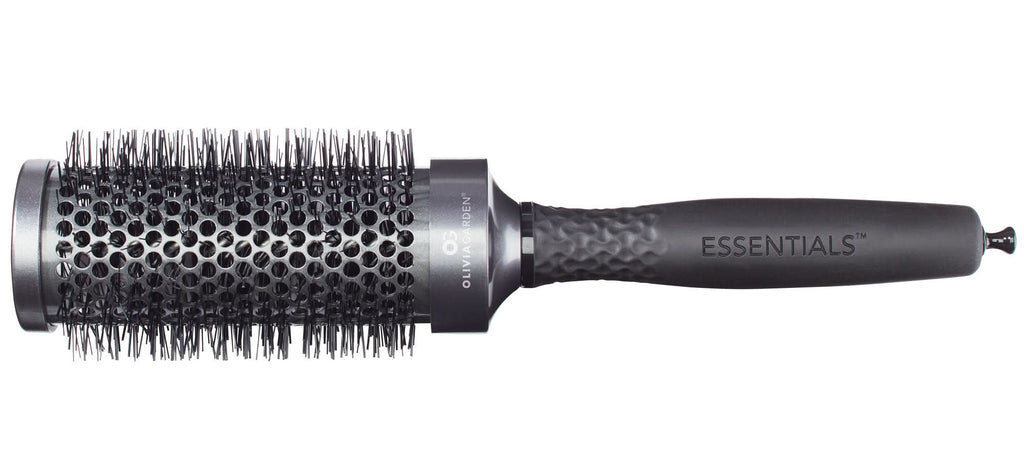 Olivia Garden ESSENTIALS 1 5/8 inch thermal hair styling brush in metallic charcoal grey and matte black.