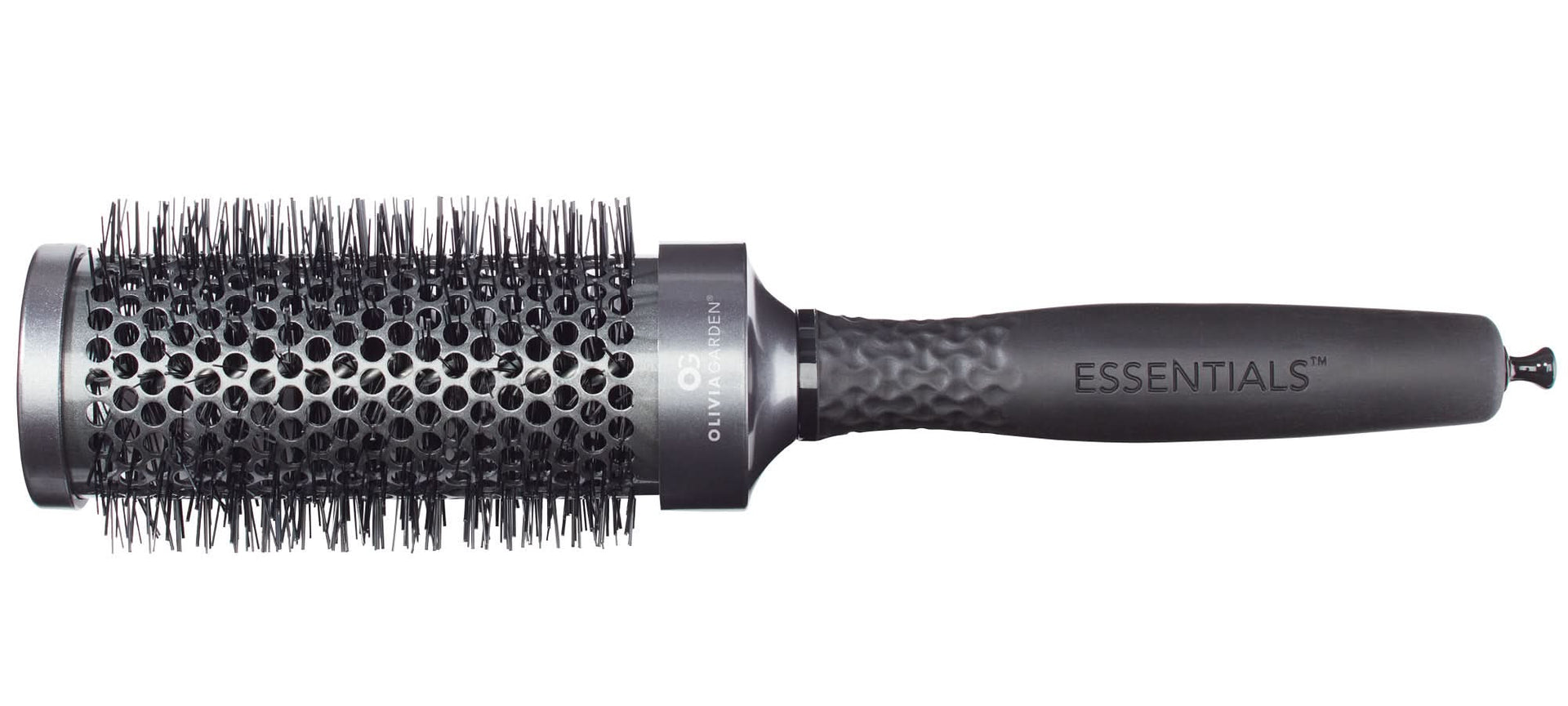 Olivia Garden ESSENTIALS 1 5/8 inch thermal hair styling brush in metallic charcoal grey and matte black.