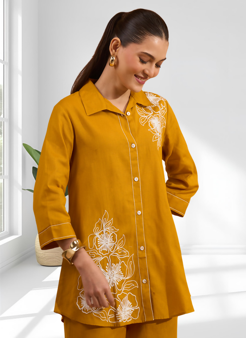Mustard Cotton Linen Embroidered Cord Set - Festive Readymade Outfit
