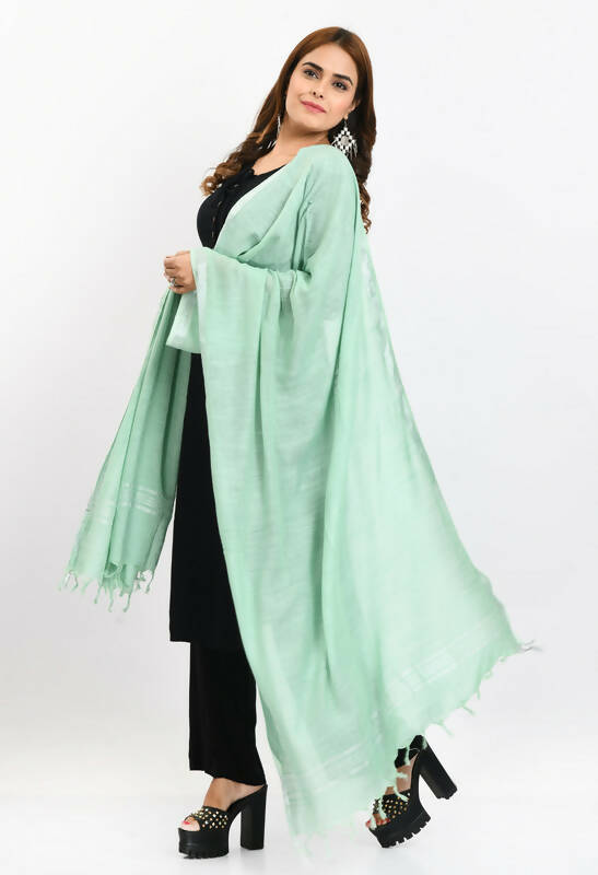 Pista Green Linen Cotton Dupatta with Elegant Silver Border