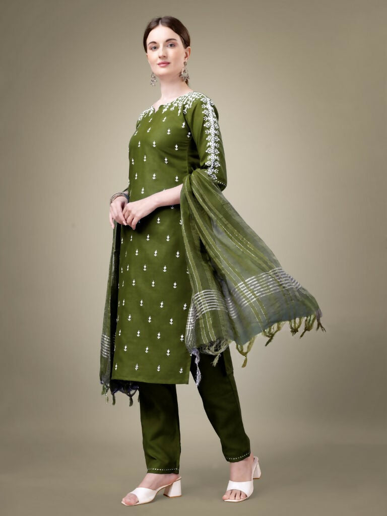 Mehendi Green Cotton Blend Embroidered Kurta Set with Dupatta