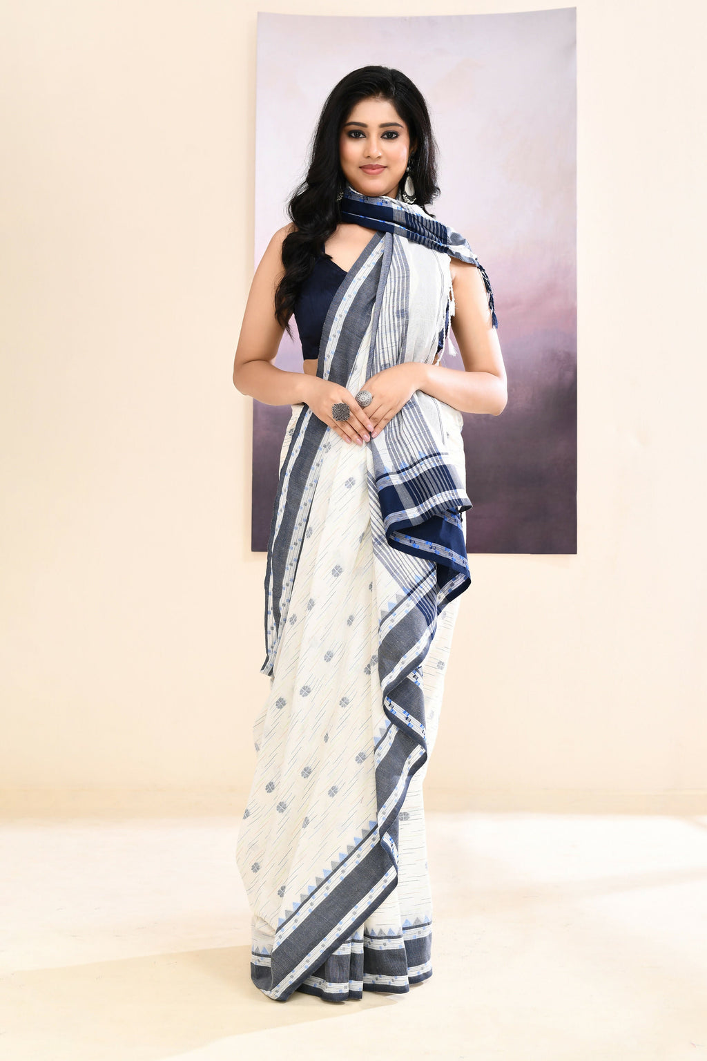White Embellished Saree in Pure Cotton