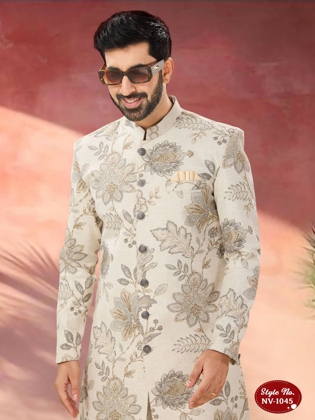 Men's Beige Swed Velvet Indo-Western Kurta Set with Self-Design