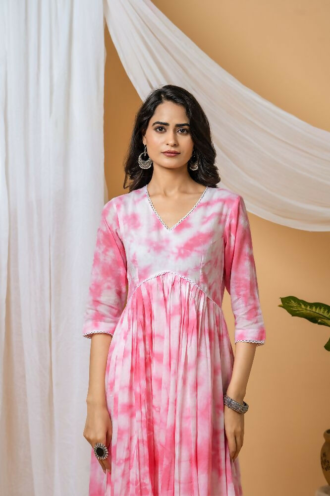 Pink Tie & Dye Cotton Kurta Pant Set for Women