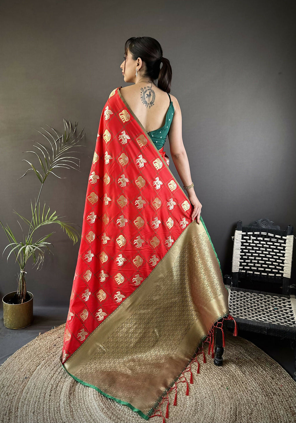 Red Soft Silk Banarasi Saree with Elephant Motifs and Green Blouse