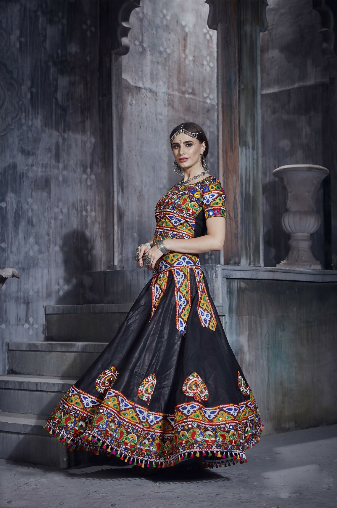 Black Art Silk Designer Navratri Lehenga Choli with Pink Dupatta