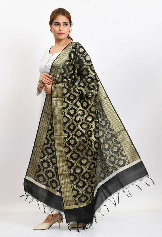 Black Banarasi Silk Woven Design Dupatta for Ethnic Wear