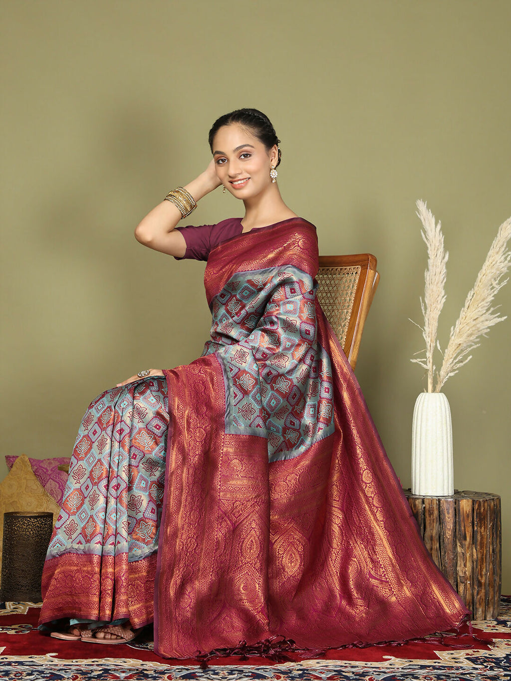 Teal Lichi Silk Saree with Purple Blouse
