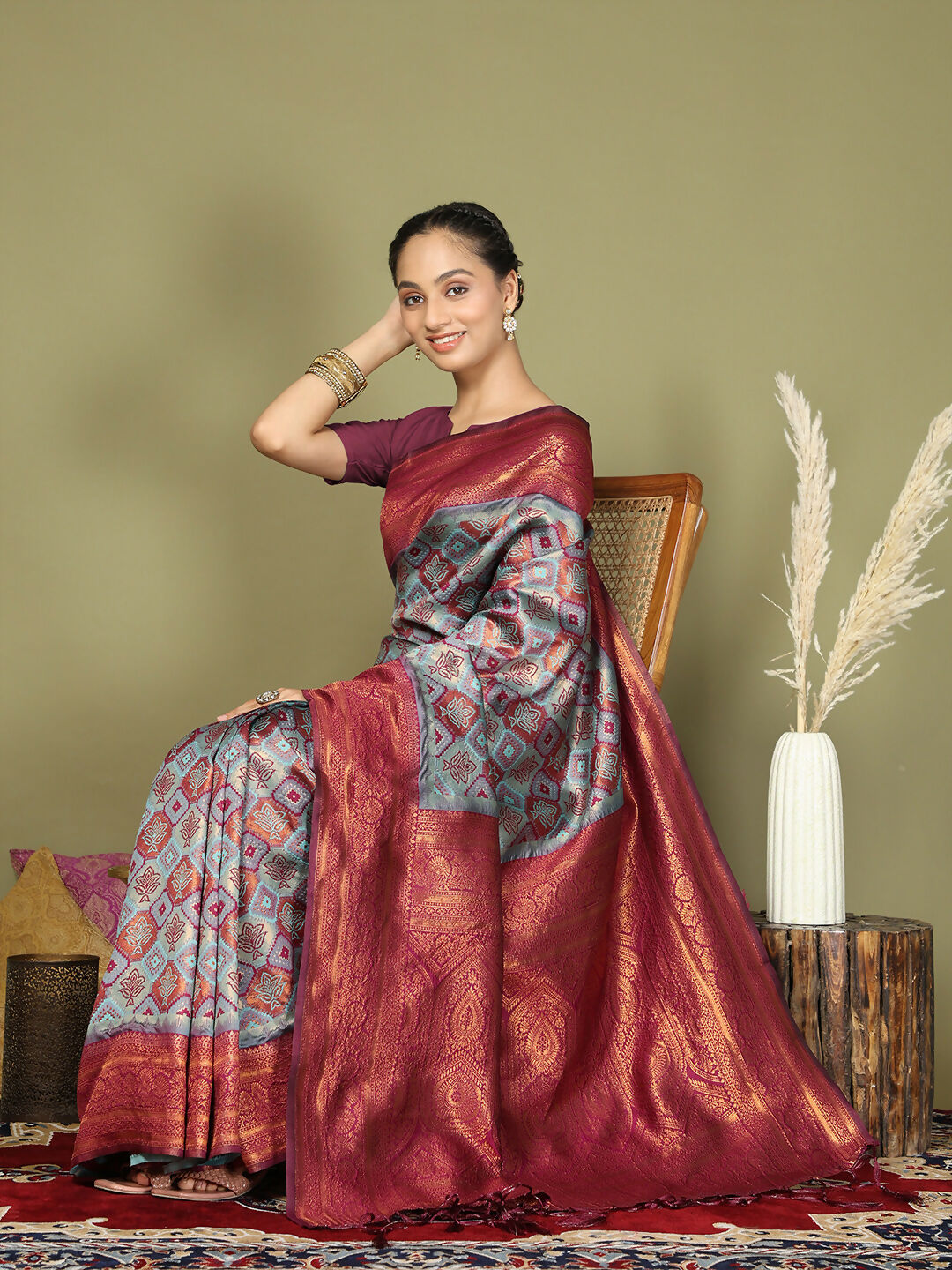Teal Lichi Silk Saree with Purple Blouse