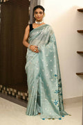 Joban Fashion Firozi Saree Tissue Zari Buti Anchal Applick With Contrast Blouse