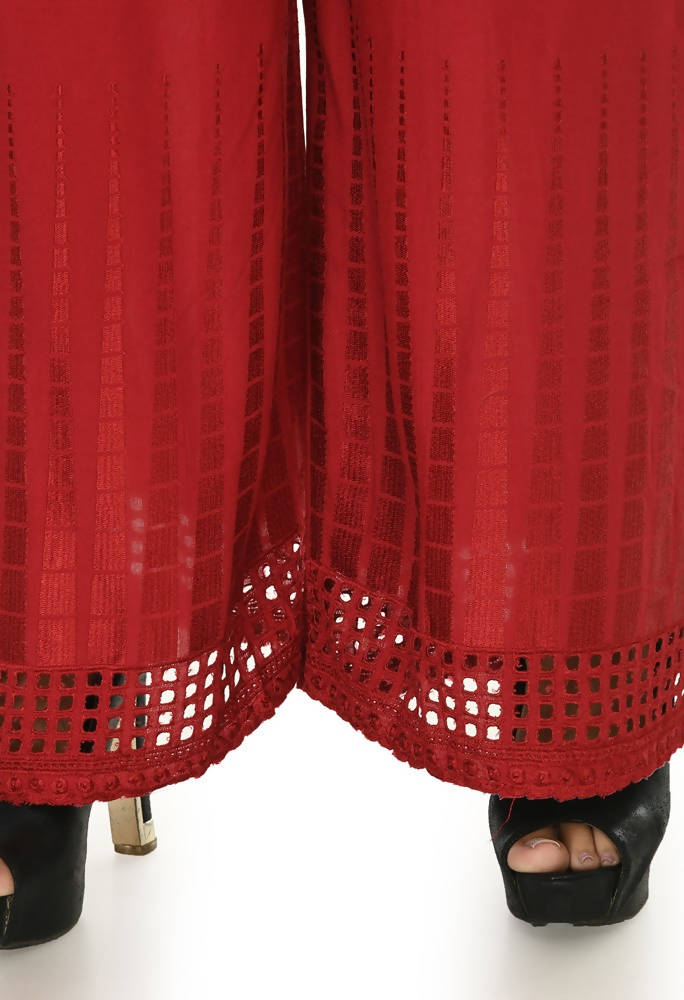 Maroon Rayon Cotton Palazzo with Cut Work Detail - 40 Inch Length