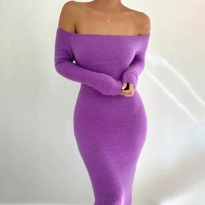 Women's Ribbed Off-Shoulder Long Sleeve Bodycon Midi Dress - Image 13