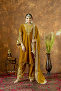 Mustard gold velvet kurta set with detailed embroidery