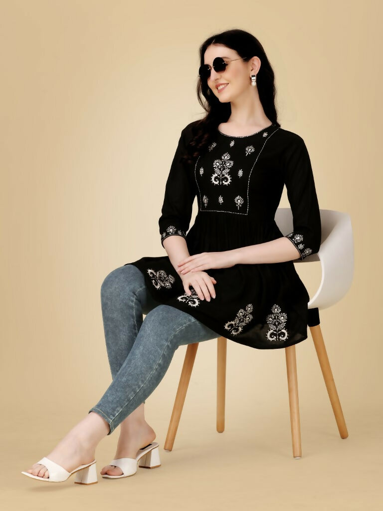 Women's Black Embroidered Viscose Rayon Casual Top