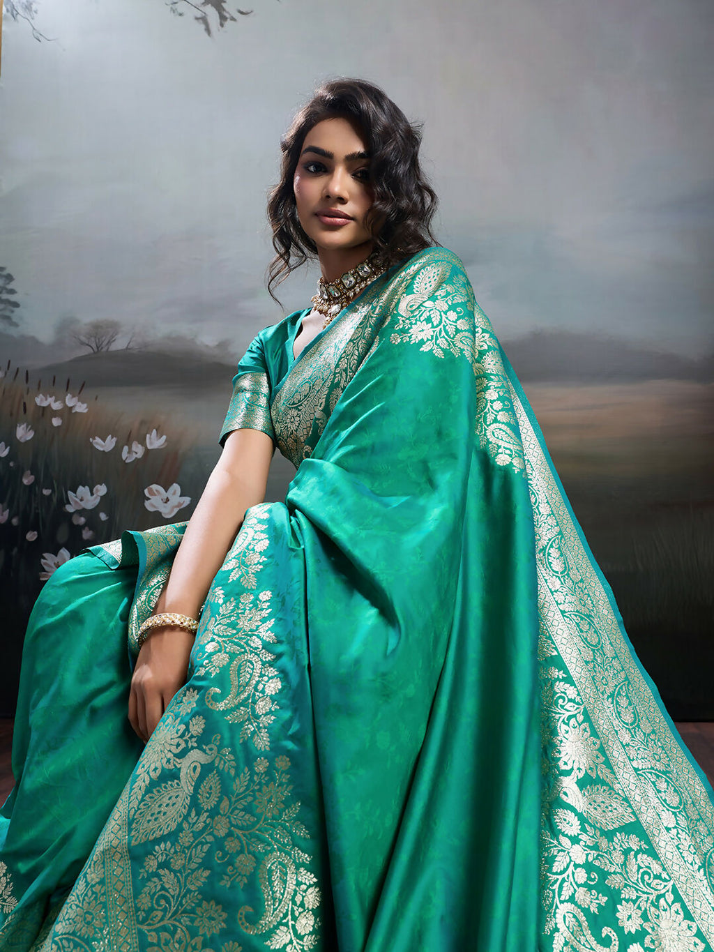 Rama Silk Blend Saree with Metallic Gold Zari Border Traditional