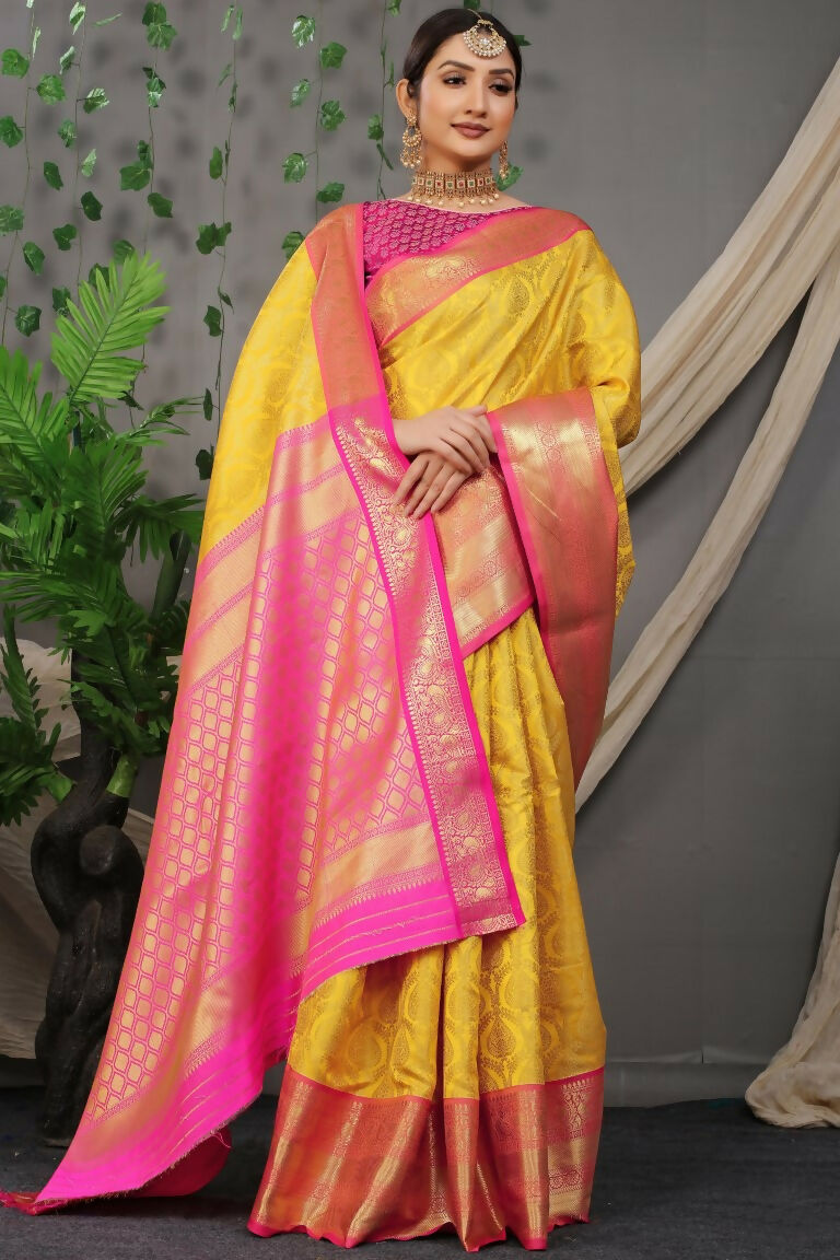 Yellow Kanjivaram Silk Saree with Pink Blouse & Zari Weave