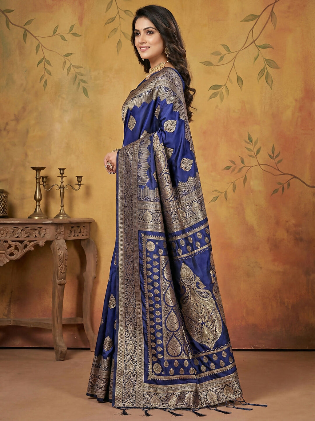 Navy Blue Silk Blend Saree with Matching Blouse Set