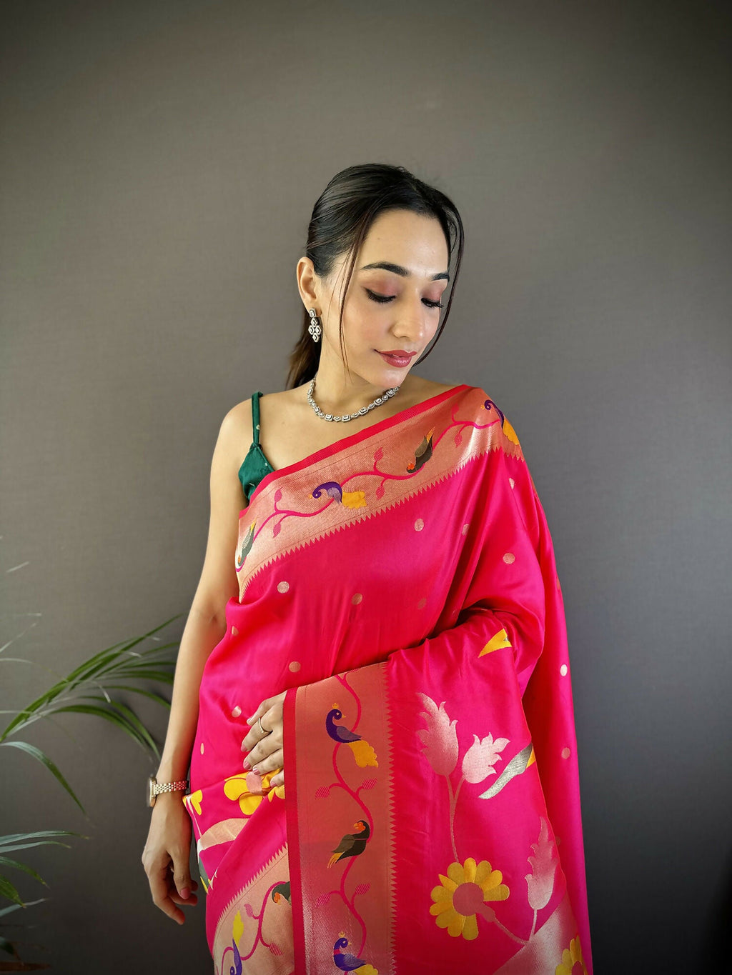 Rani Pink Soft Silk Paithani Saree with Zari Woven Floral Motifs