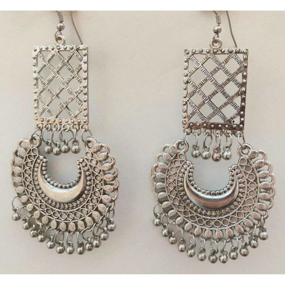 Antique silver oxidized Bollywood style Chandbali earrings for traditional wear