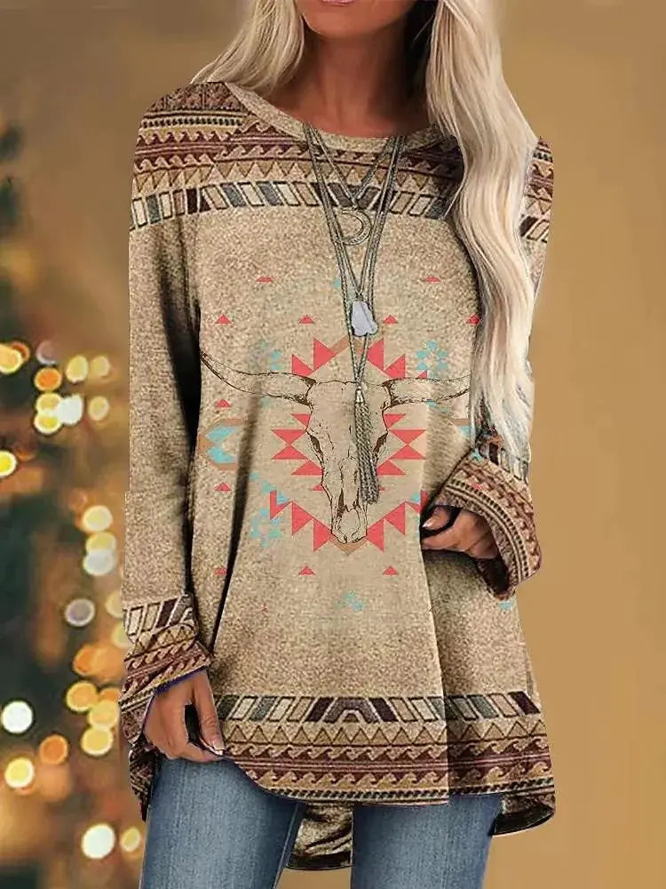 Women's Long Sleeve Graphic Animal Print T-Shirt Tan Relaxed Fit - Image 17