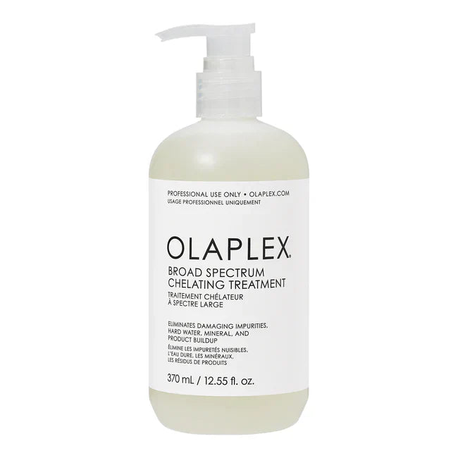 Olaplex Broad Spectrum Chelating Treatment bottle in white, 370 mL professional hair detox solution.