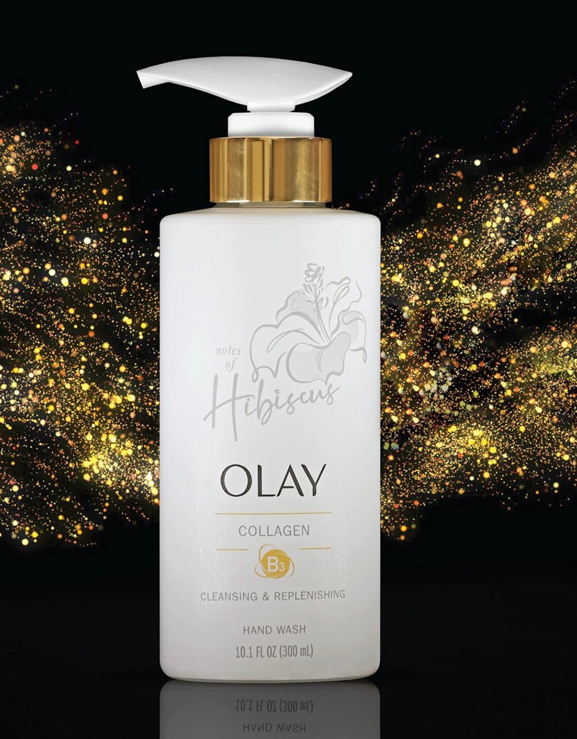 Olay Replenishing Liquid Hand Wash bottle in white and gold packaging.