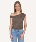 Asymmetrical one-shoulder knit top in olive green, featuring a clean minimalist silhouette.