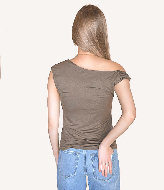 Asymmetrical One Shoulder Knit Top in Olive Cotton