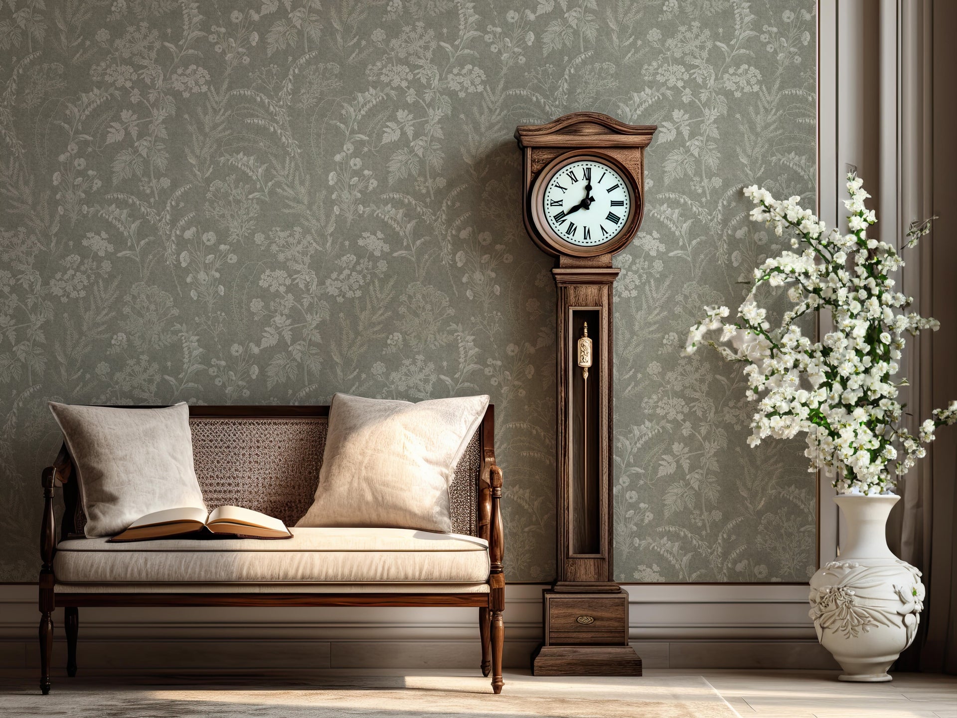 Winsome Floral Removable Wallpaper in Taupe, Sage-Green, White
