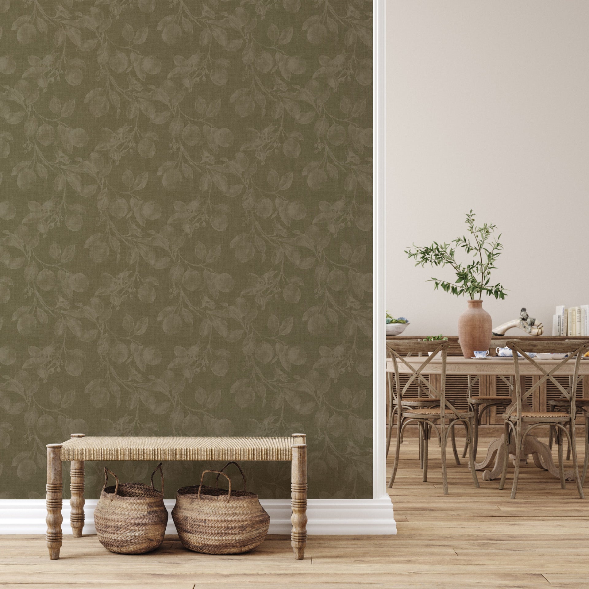 Monica's Orchard Botanical Floral Wallpaper in Dark Brown Espresso